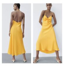 NEW Zara tangerine orange yellow satin effect sleeveless A-line midi dress, S 