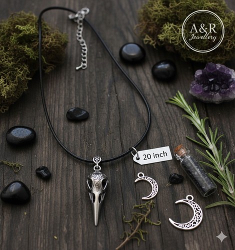 Pagan raven skull necklace - raven,