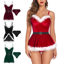 Women's Velvet Mrs Claus Santa Christmas Costume Outfits Dress Bodysuit + Briefs