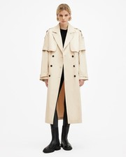 AllSaints Women's Clyde Trench Coat Beige Double-Breasted Cotton Long UK 12