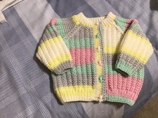 Hand Knitted Baby Girls Cardigan 9-12 Months Multicoloured Rabbit Buttons