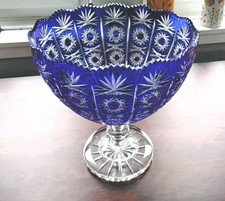 Bohemian Cobalt Blue Lead Cut Crystal Glass Very Large Stemmed Bowl Vintage