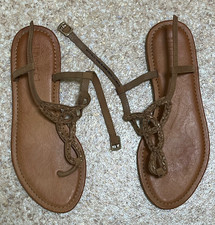 Ladies 'Next' Brown Leather, Toe-post flat Sandals, size 6.5 UK Buckle Up.