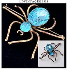 Vintage Jewellery Art Deco Gold Blue Glass Crystal Spider Brooch Pin
