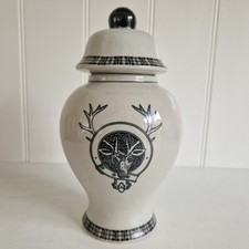 Small India Jane Grey Crackle Glaze & Black Stag Deer Lidded Ginger Jar *Flaws*