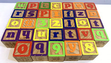 33 x Vintage Wooden Blocks Alphabet Letters Pictures & Numbers