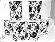 Parisian Black Mugs Set 6 Fine Bone China Floral Swirl Scroll Cups Decorated UK