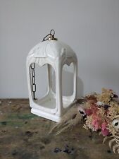 Large VTG White Ceramic Hand Painted Bird Cage Lantern On Chain Candle Holder Vg
