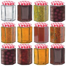 HEFTMAN 12 x Small Glass Jam Jars Airtight 250ml Hexagonal Lids Marmalade Jam