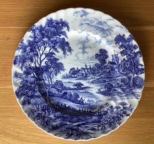 Ridgway Meadowsweet Blue & White 8" Ironstone Plate - Village Scene, Swirl Edge