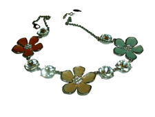 Ann Taylor Factory Pastel Enamel Flower Petal Silver Tone Chain 18" Rhinestones