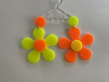 Long Drop 60’s Style Neon Orange And Yellow Flower Earrings