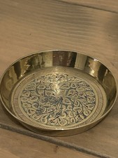 Vintage Solid Indian Brass Heavy Plate Wide Lipped Etched Trinket Dish Plate 