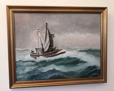 Vintage Seascape Small Sail boat oil painting 1985 signed 52cm x 41.5cm