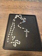 vintage silver metal blue enamel white glass rosary beads catholic religous