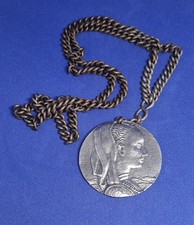 Vintage Pendant Medallion St George & Edwardian Lady Double Sided Necklace Chain