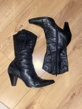 Vintage Size 41 7 Black Leather Cowboy Boots Cuban Heeled Womens Blogger Cut Out
