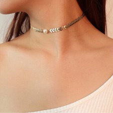 Elegant Necklace Choker Chain Silver Gold Fishbone Faux Pearl Woman FREE UK POST