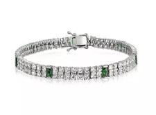 white gold finish Double Row Created Diamond and Green Emerald Bracelet Gift