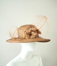 RACHEL TREVOR-MORGAN brown straw feather hat Royal Ascot Queens milliner 54cm