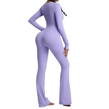 Women Spandex Low Neck Flared Pants Activity Long Sleeved Fitness Suit Jumpsuit