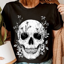 Skull And Flowers Slogan Rocker Biker Skeleton Womens T-Shirts Tee Top #NED
