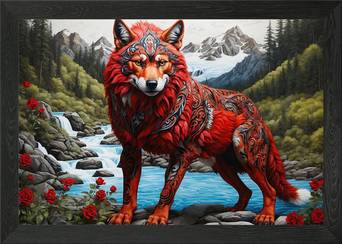 Red wolf mountain framed - wolf,