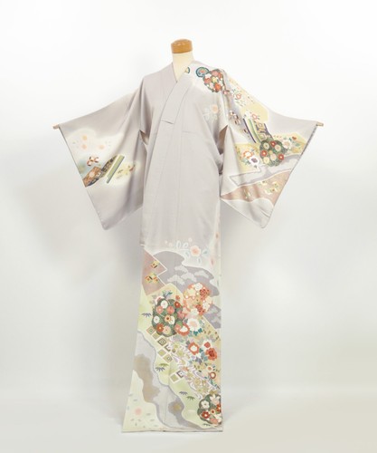 Vintage gray silk houmongi - gray,