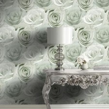 Large Scale Rose Melany Wallpaper Floral Mica World of Wallpaper AF0016 Green