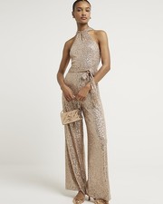 River Island Womens Gold Sequin Jumpsuit Size 10