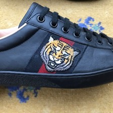 Gucci Ace Trainers Sneaker Shoes Tiger Blue Web Black Leather Mens US 7 UK 6.5