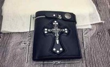 Gothic Skull Cross Biker Punk Card Holder Mens Leather Wallet With Pants Chain