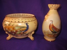 Antique Locke& Co Worcester  Hand Painted Bowl Peacock and Vase Pheasant a/f