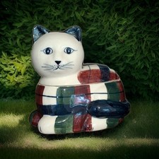 Ceramic Sitting Cat Trinket Box Patchwork Pattern Ornament Home Decor