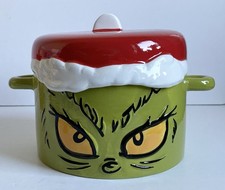 DR SEUSS THE GRINCH CERAMIC CHRISTMAS COOKIE JAR WITH SANTA HAT LID EYES 2024