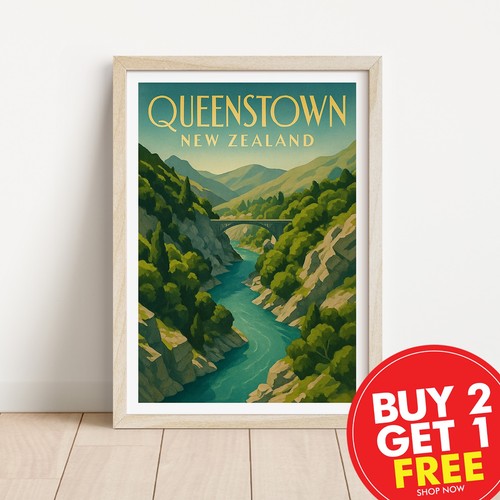Queenstown retro travel - retro, print