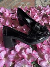 Ladies Black Patent Tassel Slip On Heeled Loafers Shoes Size 5