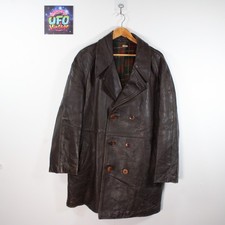 Vintage 1950s French Leather Overcoat Brown Double Breasted Tartan Lined 52 UK M