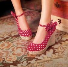 Ladies Round Toe Polka Dots Platform Sandals Wedge Heel Espadrille Bow Shoes New