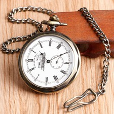 Open Face Men's Railway Engine Mechanical Hand Wind Pocket Watch Train Display