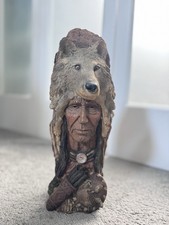 American Indian And Wolf Figure Head Resin Figurine