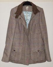 BNWT Ladies JOULES Field Coat TWEED JACKET Suede Collar Check SIZE 12 GREY