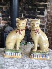 Unusual Antique Pair Of Staffordshire Wally Mantle Cats 7.5” Crackle Glazed
