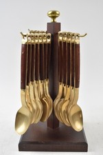 Vintage Brass & Wooden Cutlery Set On Wooden Stand 24x Pieces Not Boxed