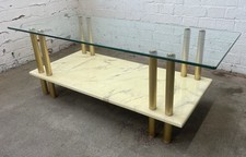 1970’s Art Moderne Coffee Table Glass Top Faux Marble Base Gilt Support Legs 