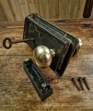 Victorian Cast Iron Rim Lock, Key, Brass Door Knobs & Cast Iron Keep. L/H Fit