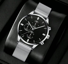 Men's Luxury Water Resistant Watch with Mesh Strap Silver Black White Quartz UK