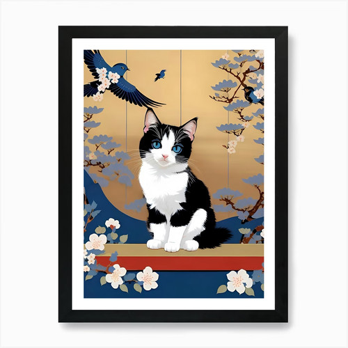 Chinese cat art print framed - cat,