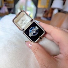 Art Deco ring silver tone blue  statement chunky rings ladies 1920s style dress