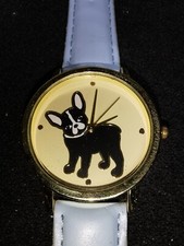 Ladies French Bulldog Dial Quartz Watch with Blue Faux Leather Strap